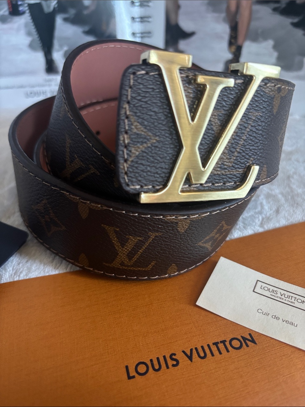 Louis Vuitton Brown Monogram LV Buckle Belt with Gold Hardware (was a gift) - Picture 3 of 5
